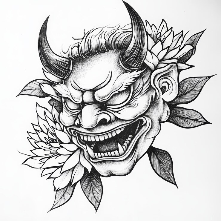 Foto diabo com tatuagem de flor em fundo branco ilustração desenhada à mão