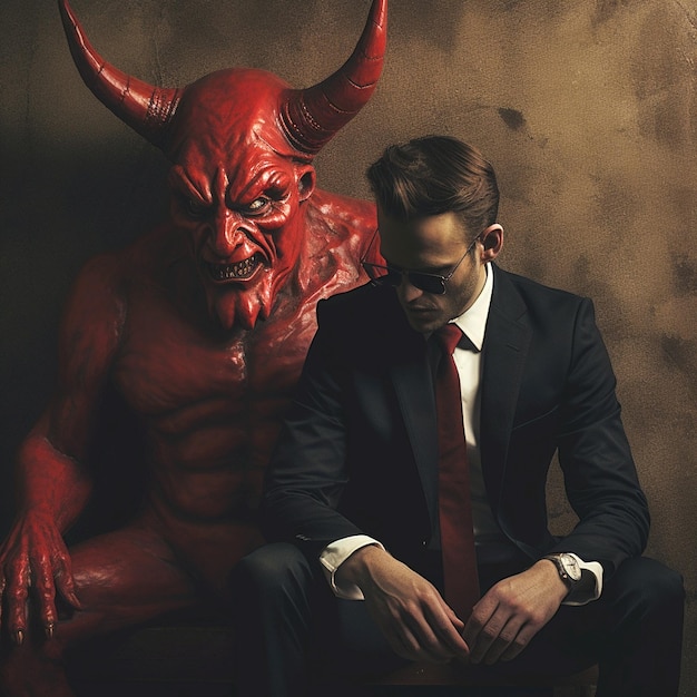 Foto diabo vermelho atrás de um homem