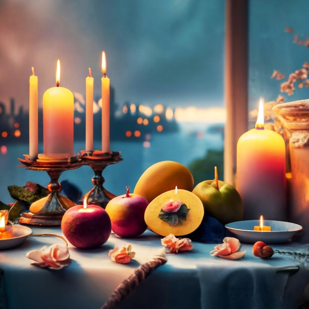 Diadelasvelitas con velas, frutas y flores en la mesa contra el fondo nocturno