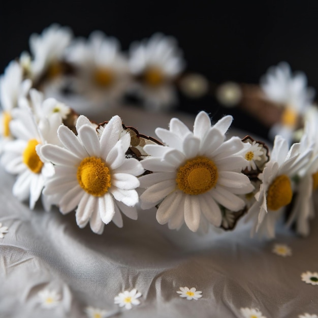 Una diadema con margaritas está hecha de madera y tiene un centro blanco.