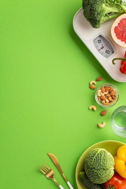 Diätkonzept Top-Ansicht vertikales Foto von Pate mit Obst und Gemüse Nüsse Gabeln Messer Glas Wasser und Schuppen auf isolierter grüner Hintergrund mit leeren Raum