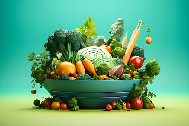 Diätkonzept von gesundem vegetarischem Essen 3D-Illustration generative KI