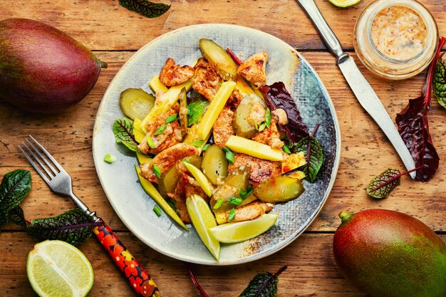 Diätsalat mit Hühnchen und reifer Mango. Fleischsalat auf dem Teller