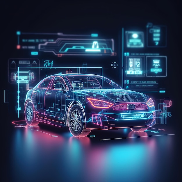 Diagnóstico automático en estilo HUD Escaneo del automóvil en visualización 3D holograma ilustración 3D