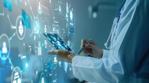 Diagnóstico médico con tableta digital con tecnología médica moderna futurista