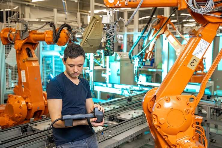Foto diagnóstico de robots utilizando software especial en la fábrica.