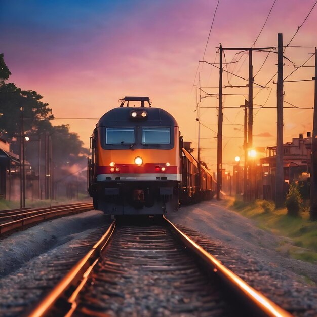 Diagonal brennende Sonnenuntergangseisenbahn mit leicht austretendem Bokeh-Hintergrund