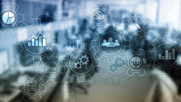 Diagrama abstrato de processo de negócios com engrenagens e ícones Conceito de tecnologia de fluxo de trabalho e automação