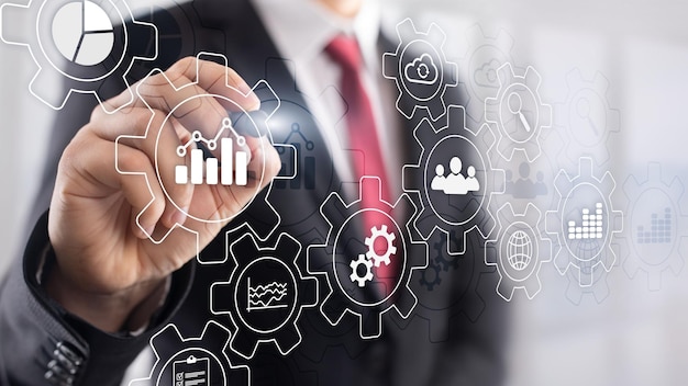 Diagrama abstrato de processo de negócios com engrenagens e ícones Conceito de tecnologia de fluxo de trabalho e automação