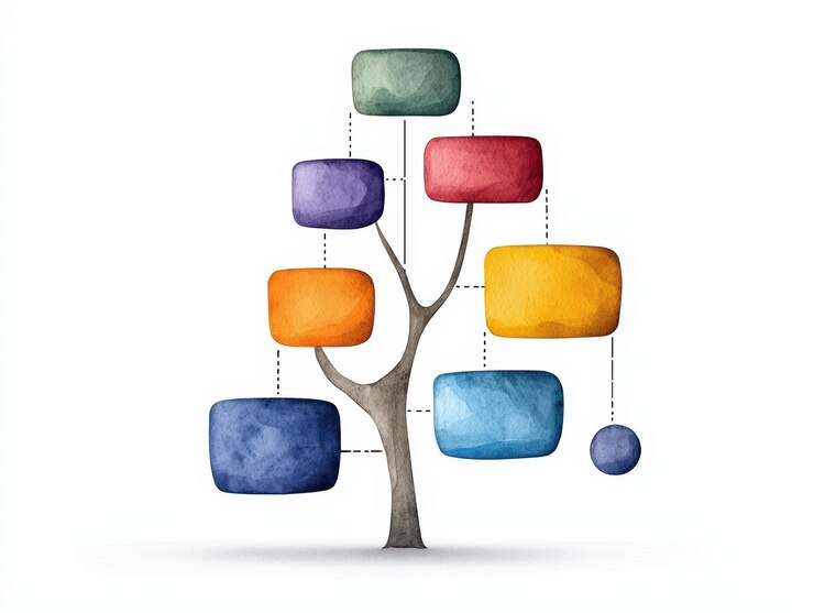 Un diagrama de árbol colorido que muestra varios bloques de datos interconectados ideal para presentaciones y materiales educativos