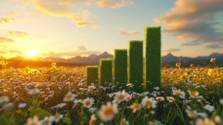 Diagrama de barras inspirado en la naturaleza hecho de hierba que simboliza el crecimiento y la sostenibilidad con un fondo de amanecer en un campo de flores silvestres