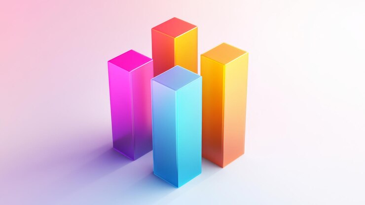 Foto diagrama de barras tridimensional con colores vibrantes y sombras mostradas sobre un fondo blanco para resaltar su profundidad y visualización de datos