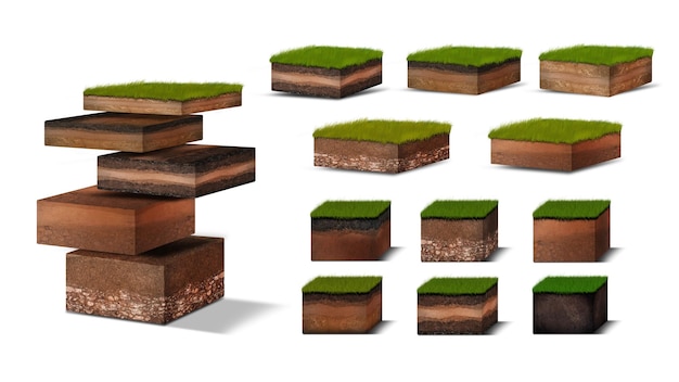 Diagrama de capas de suelo isométricas Sección transversal de hierba verde y capas de suelo subterráneo debajo del estrato de minerales orgánicos arena arcilla Capas de suelo isométricas aisladas en blanco