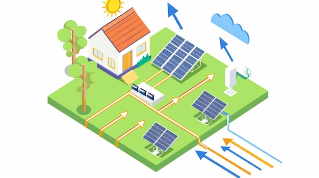 un diagrama de una casa solar con las palabras energía solar en la parte superior