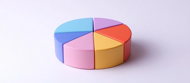 Diagrama circular 3D colorido dividido en seis segmentos sobre un fondo blanco