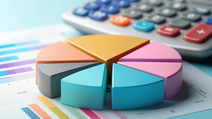 Diagrama circular y calculadora coloridos que simbolizan el análisis financiero y la planificación empresarial