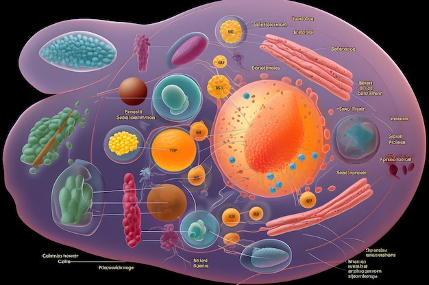 Diagrama completo codificado por colores de la estructura básica de las células eucariotas para estudios citológicos