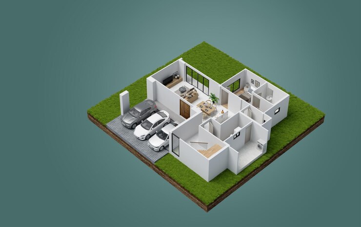 Diagrama de componentes interiores de la casa vista isométrica desde arriba aislada en fondo azul renderización 3D
