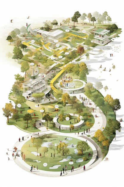 El diagrama conceptual giraba en torno a una ciudad armoniosa que encarna la autosuficiencia y la sostenibilidad