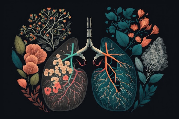 Diagrama con corazón humano y pulmones con flores sobre fondo oscuro