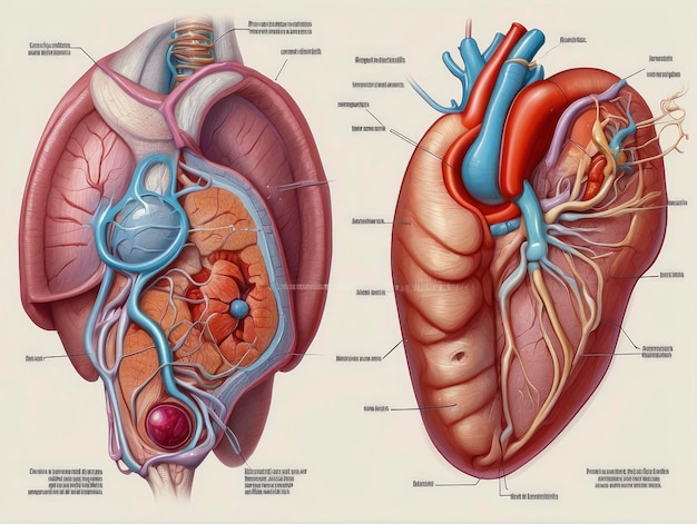 un diagrama del corazón humano y sus principales vasos, incluidos el corazón y los pulmones