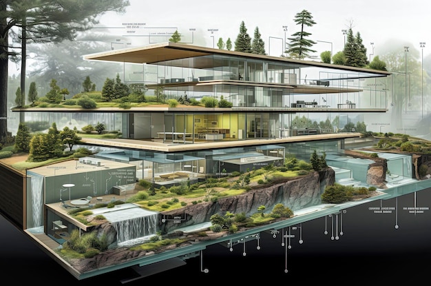 Diagrama de apresentação generativa de IA ilustração de arquitetura sustentável, como materiais reciclados da terra Qualidade de arquitetura reciclável