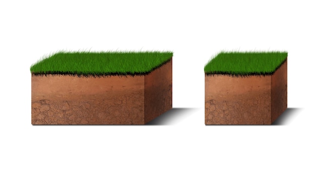 Diagrama de camadas de solo isométrico Seção transversal de grama verde e camadas subterrâneas de solo abaixo do estrato de minerais orgânicos, areia e argila Camadas de solo isométricas isoladas em branco