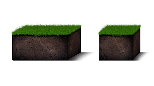 Diagrama de camadas de solo isométrico Seção transversal de grama verde e camadas subterrâneas de solo abaixo do estrato de minerais orgânicos, areia e argila Camadas de solo isométricas isoladas em branco