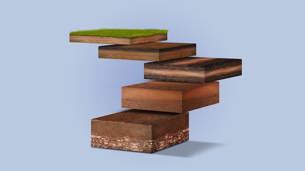 Diagrama de camadas de solo isométrico Seção transversal de grama verde e camadas subterrâneas de solo abaixo do estrato de minerais orgânicos, areia e argila Camadas de solo isométricas