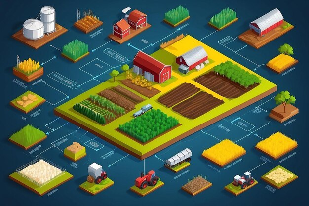 Foto diagrama de fluxo isométrico de comércio de mercadorias com ilustração de símbolos agrícolas e de matérias-primas