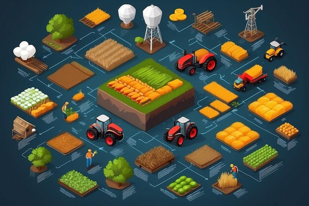 Foto diagrama de fluxo isométrico de comércio de mercadorias com ilustração de símbolos agrícolas e de matérias-primas