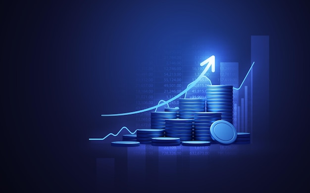 Diagrama de gráfico de finanças do gráfico de negócios de dinheiro azul no fundo da moeda 3d da economia com conceito de dados financeiros de crescimento ou barra de lucro do mercado de investimento e relatório de moeda de tecnologia de ações de mercado de sucesso