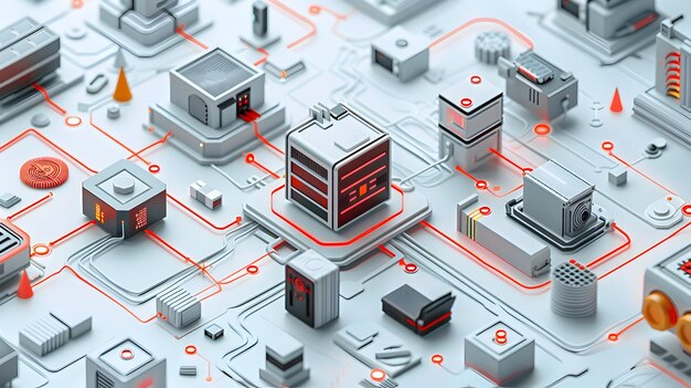 Foto diagrama de rede de ícones planos 3d com destaques de firewall enfatizando a colocação estratégica para a proteção de dados