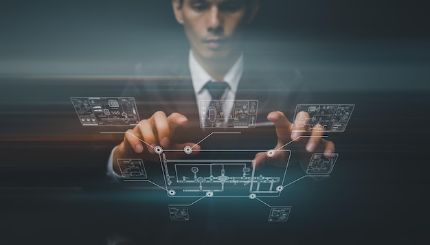 Diagrama de tubulação e instrumento Equipe de controle do sistema Os engenheiros estão inspecionando os processos de fabricação trabalhando em telas holográficas da indústria mostrando vários sistemas de tubulação e controle dentro da fábrica