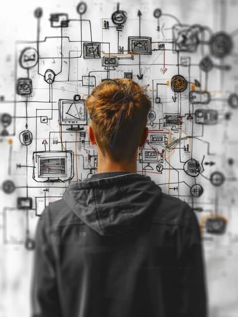 Diagrama detallado de seguridad de red dibujado a mano de una configuración simple de Internet con cortafuegos en una TI casual