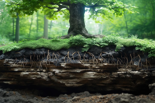 diagrama do sistema de raízes subterrâneas de árvores que crescem na floresta em seção de solo