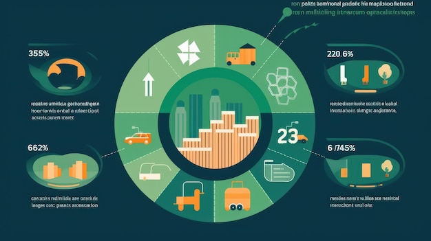 Foto diagrama esquemático ilustrando o consumo de energia e as emissões de dióxido de carbono em várias áreas da atividade humana energia renovável e reciclagem mockup fundo verde escuro