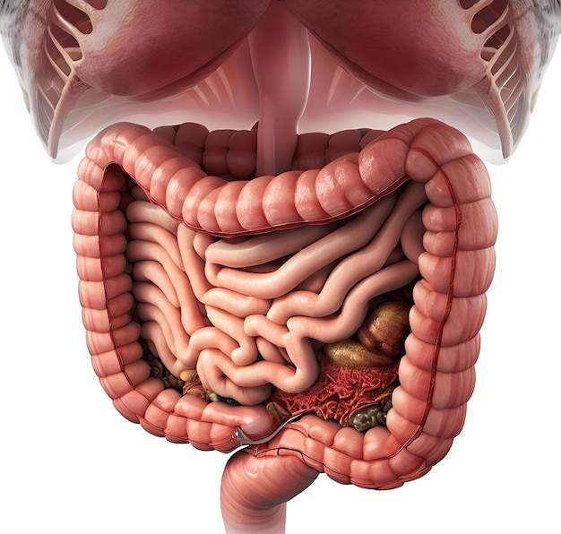 Foto un diagrama de un estómago que muestra el estómago y la parte inferior del cuerpo.