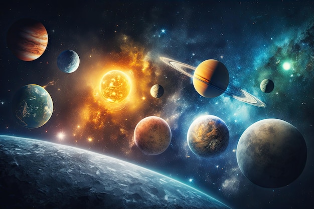 Diagrama fantástico do sistema solar com o sol e os planetas no espaço
