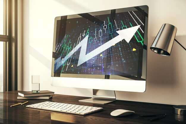 Diagrama financiero abstracto con flecha hacia arriba en el aumento de la pantalla del portátil moderno y concepto innovador Representación 3D
