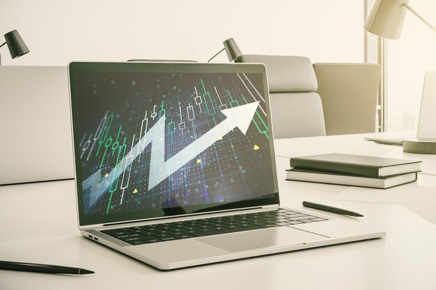Diagrama financiero abstracto con flecha hacia arriba en el aumento de la pantalla del portátil moderno y concepto innovador Representación 3D