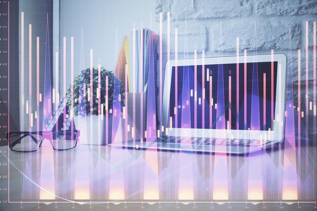 Diagrama financiero y tabla con computadora en el fondo Exposición múltiple Concepto de mercados internacionales