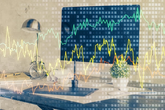 Diagrama financiero y tabla con computadora en el fondo Exposición múltiple Concepto de mercados internacionales