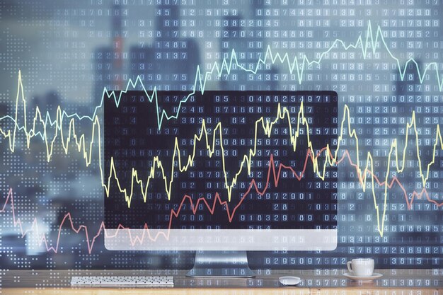 Diagrama financiero y tabla con computadora en el fondo Exposición múltiple Concepto de mercados internacionales