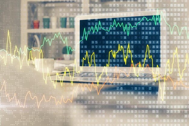 Diagrama financiero y tabla con computadora en el fondo Exposición múltiple Concepto de mercados internacionales
