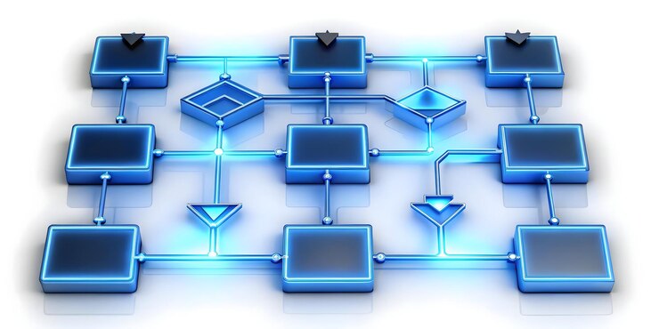 Foto diagrama de flujo abstracto en 3d con flechas que muestran los procesos financieros interconexión conceptua
