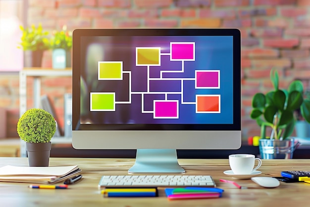 Diagrama de flujo colorido en la pantalla de la computadora jerarquía de flujo de trabajo de negocios algoritmo gestión de procesamiento