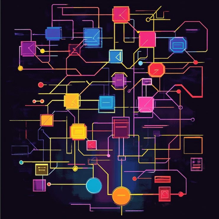 Foto un diagrama de flujo digital que muestra los pasos y la lógica de un algoritmo