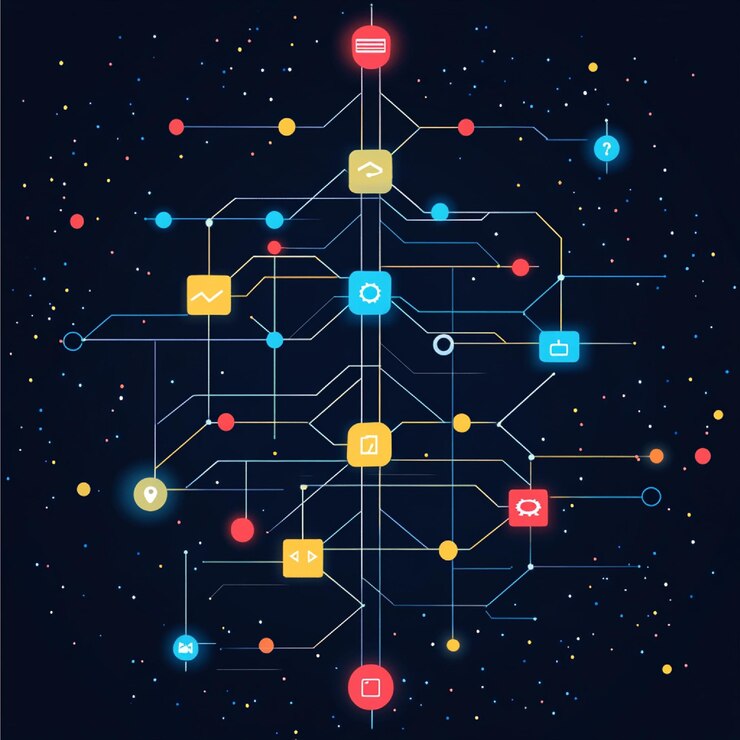 Foto un diagrama de flujo digital que muestra los pasos y la lógica de un algoritmo