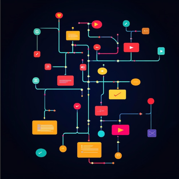 Un diagrama de flujo digital que muestra el proceso de control de versiones para el desarrollo colaborativo